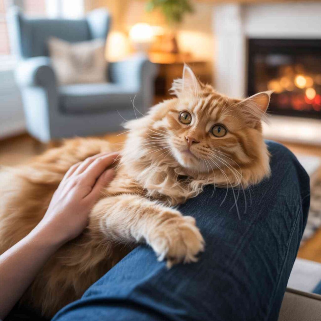 Chat miaule quand je rentre puis vient se blottir sur les genoux de son humain
