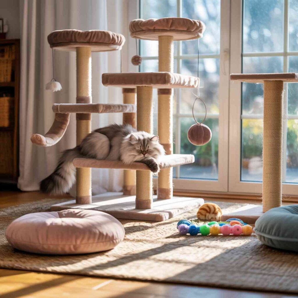 Chat miaule quand je rentre par ennui, ici apaisé grâce à un environnement enrichi