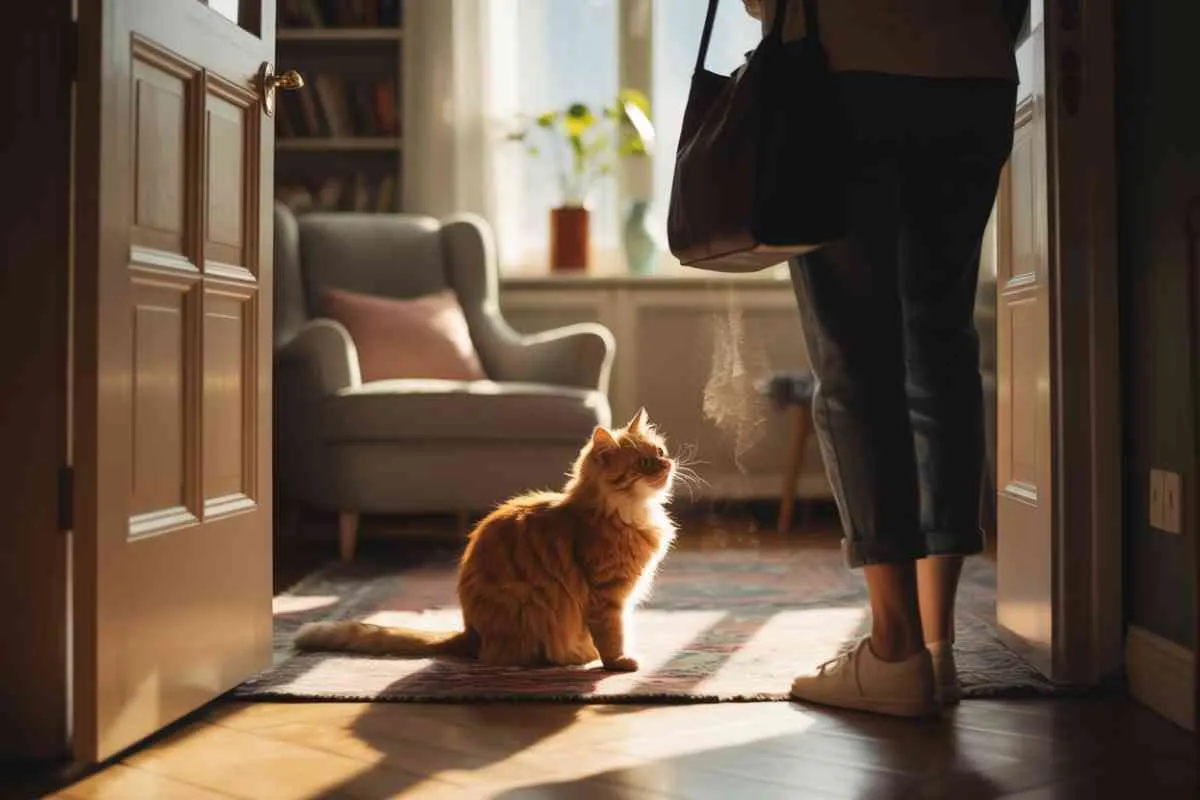 Chat miaule quand je rentre, assis près de la porte en regardant son humain