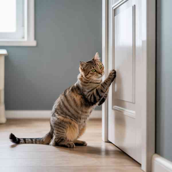 Chat qui miaule à la porte en la grattant avec sa patte avant