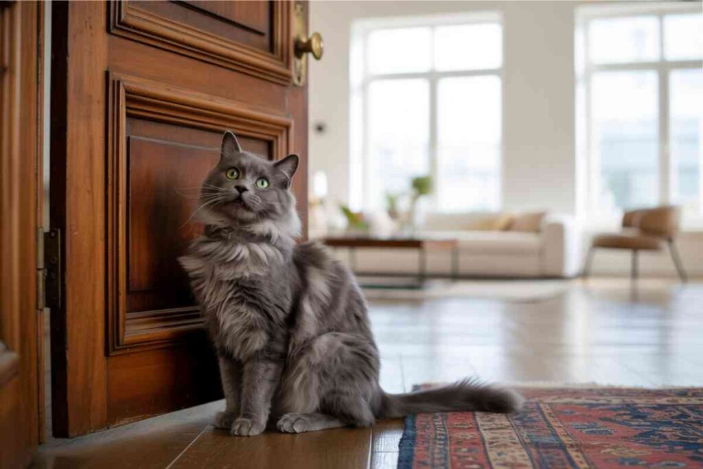 Chat qui miaule à la porte dans un salon moderne et calme