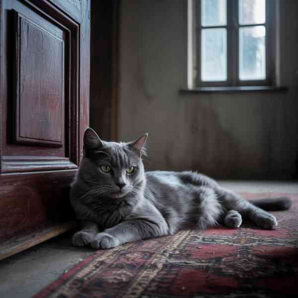 Chat qui miaule à la porte allongé près d’une entrée sombre