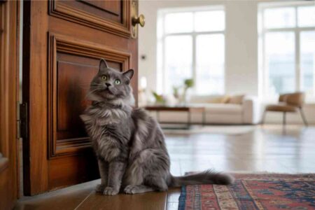 Chat qui miaule à la porte dans un salon moderne et calme