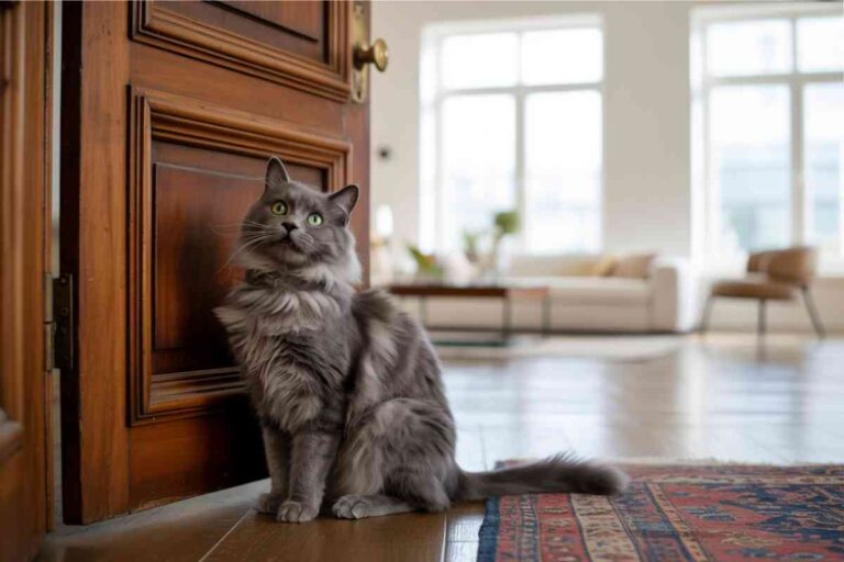 Chat qui miaule à la porte dans un salon moderne et calme