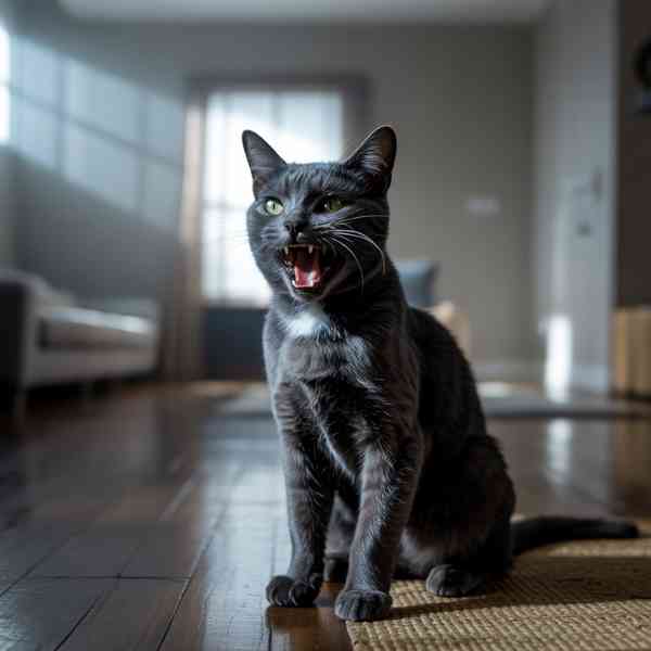 Un chat gris qui miaule à l’intérieur, illustrant un comportement d'ennui excessif chez les félins.