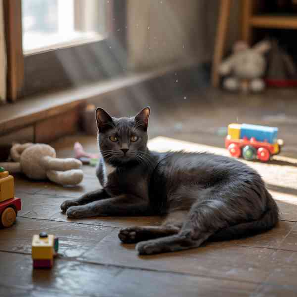 Un chat jouant près de jouets, illustrant un chat qui s’ennuie miaule moins grâce à la stimulation d’un environnement enrichi.