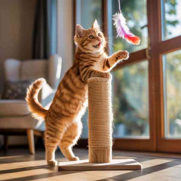 Un chat jouant avec un jouet suspendu, illustrant comment un chat qui s’ennuie miaule moins grâce à une stimulation ludique.