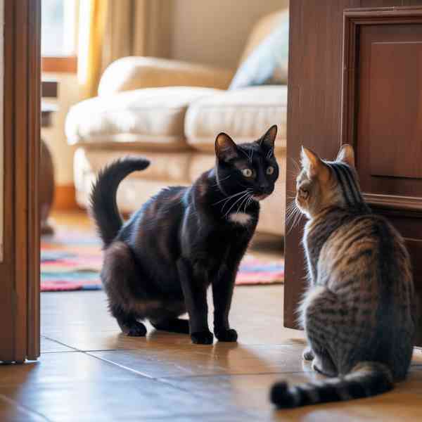 Deux chats se rencontrent, montrant l’interaction entre compagnons et comment un chat qui s’ennuie miaule moins en présence d'un autre chat.