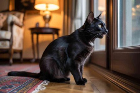 Chat sourd miaule fort en regardant par une porte vitrée