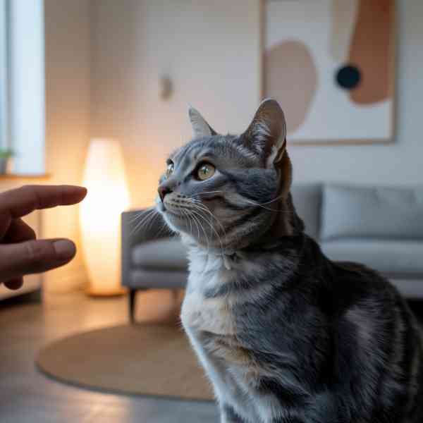 Chat sourd regarde un geste de son propriétaire dans un salon calme