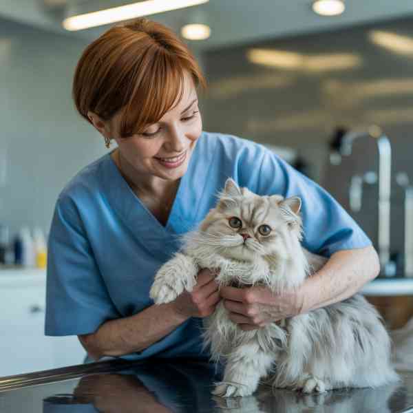 Vétérinaire examine un chat sourd qui miaule fort pour vérifier son audition