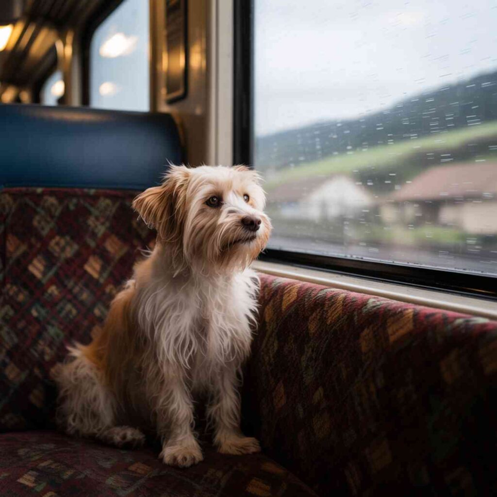 Petit chien assis seul sur un siège de train, regardant par la fenêtre sous la pluie