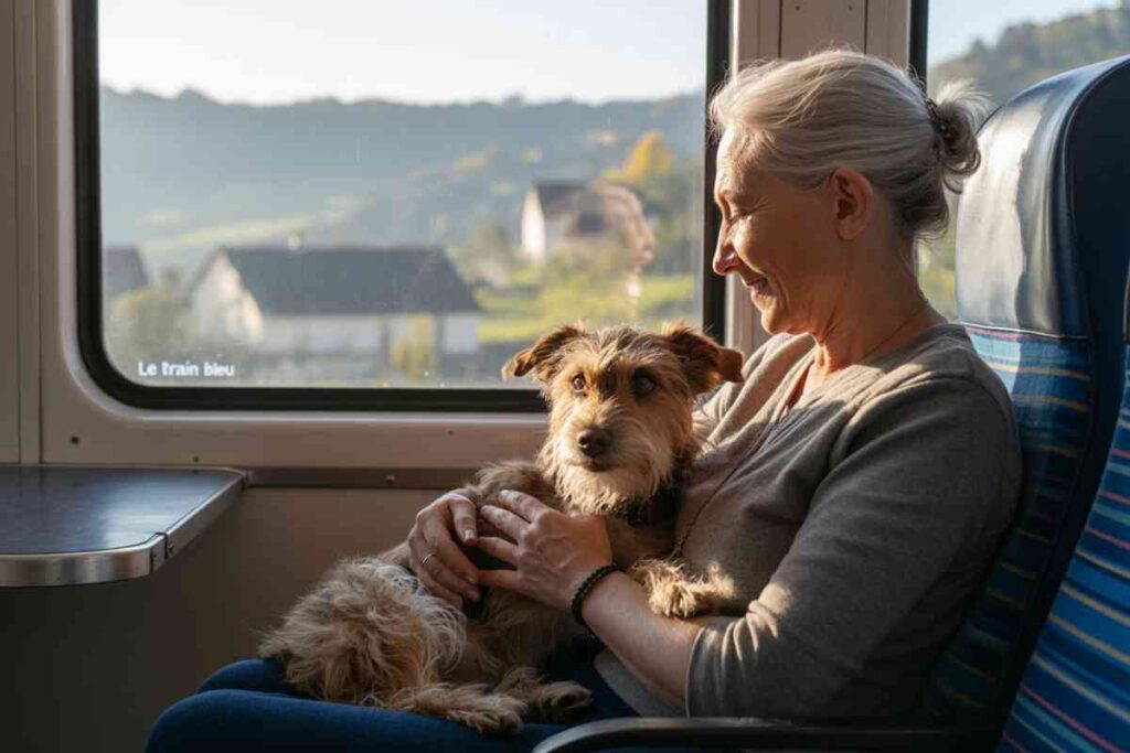 Femme âgée voyageant en train avec son chien sur les genoux, regardant par la fenêtre