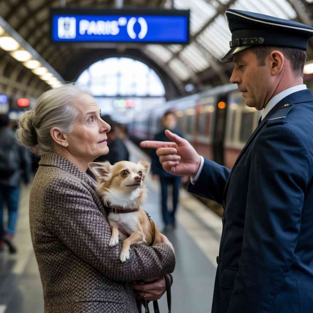 Contrôle d’une femme âgée avec son petit chien dans une gare, face à un agent ferroviaire