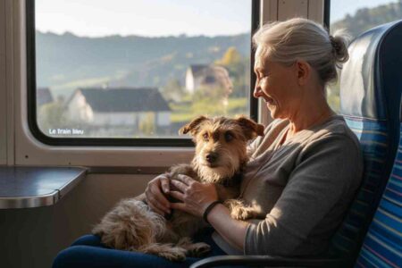 Femme âgée voyageant en train avec son chien sur les genoux, regardant par la fenêtre