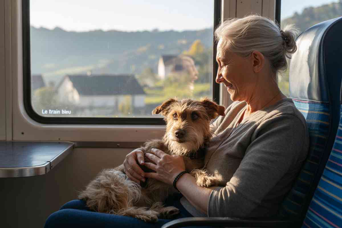 Femme âgée voyageant en train avec son chien sur les genoux, regardant par la fenêtre