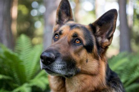 Gros plan sur un berger allemand au regard doux, debout en forêt. Représentation symbolique de la victime de maltraitance dans l’affaire survenue en Belgique en juillet 2025.