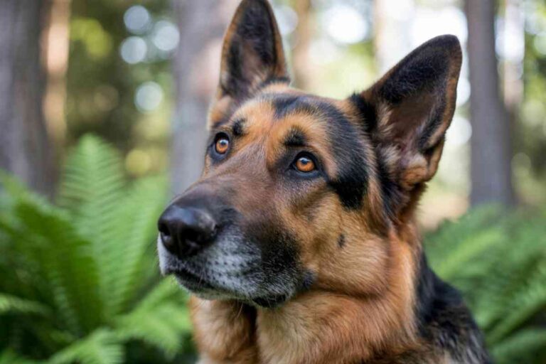 Gros plan sur un berger allemand au regard doux, debout en forêt. Représentation symbolique de la victime de maltraitance dans l’affaire survenue en Belgique en juillet 2025.