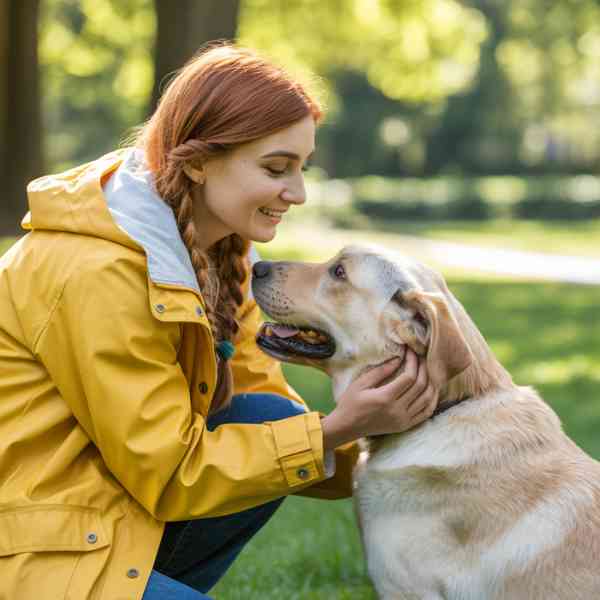 Jeune femme souriante caressant un chien labrador dans un parc, complicité et confiance