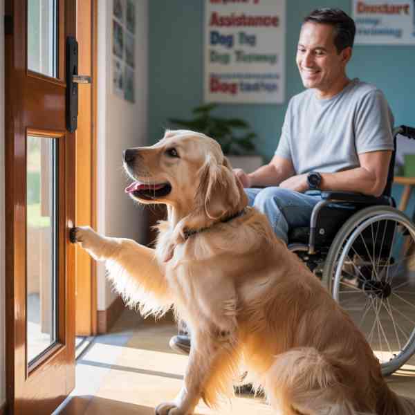 Chien d’assistance golden retriever ouvrant une porte pour un homme en fauteuil roulant, en centre de formation