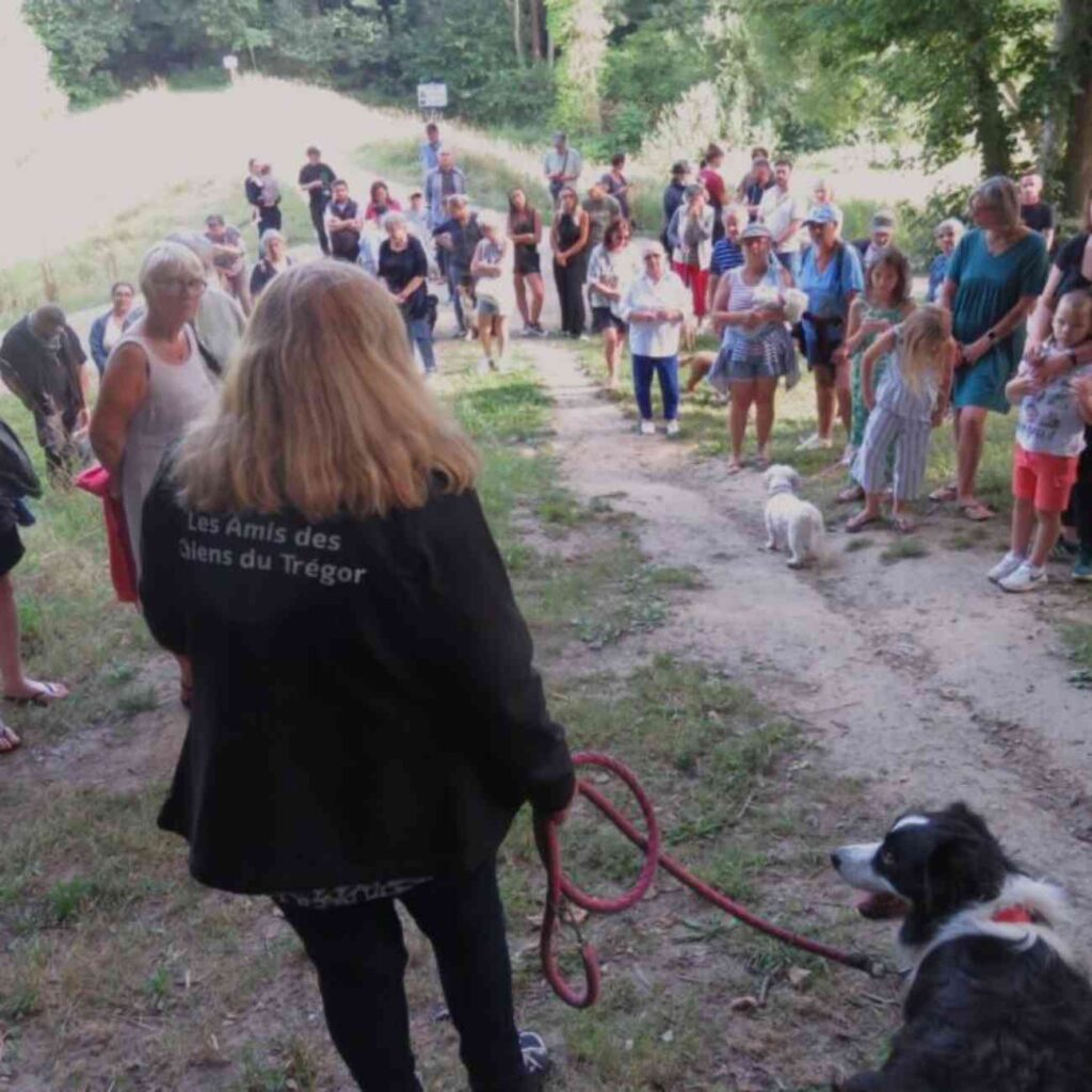 Rassemblement de citoyens avec chiens dans un parc, vue de dos sur une femme portant une veste « Les Amis des chiens du Trégor »