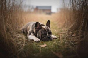 Bouledogue français allongé seul dans un chemin herbeux, regard triste, encadré par des herbes hautes