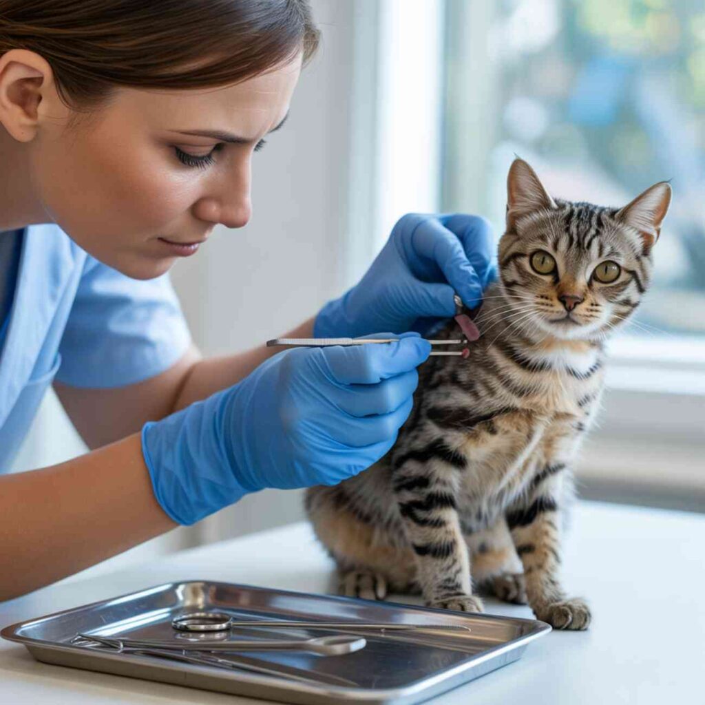 Vétérinaire retirant une tique du cou d’un chat avec une pince, en cabinet médical