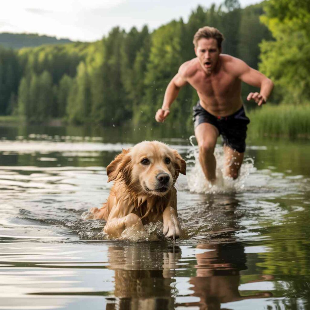Chien paniqué en train de nager vers la rive, poursuivi par son maître inquiet dans un lac entouré de forêt