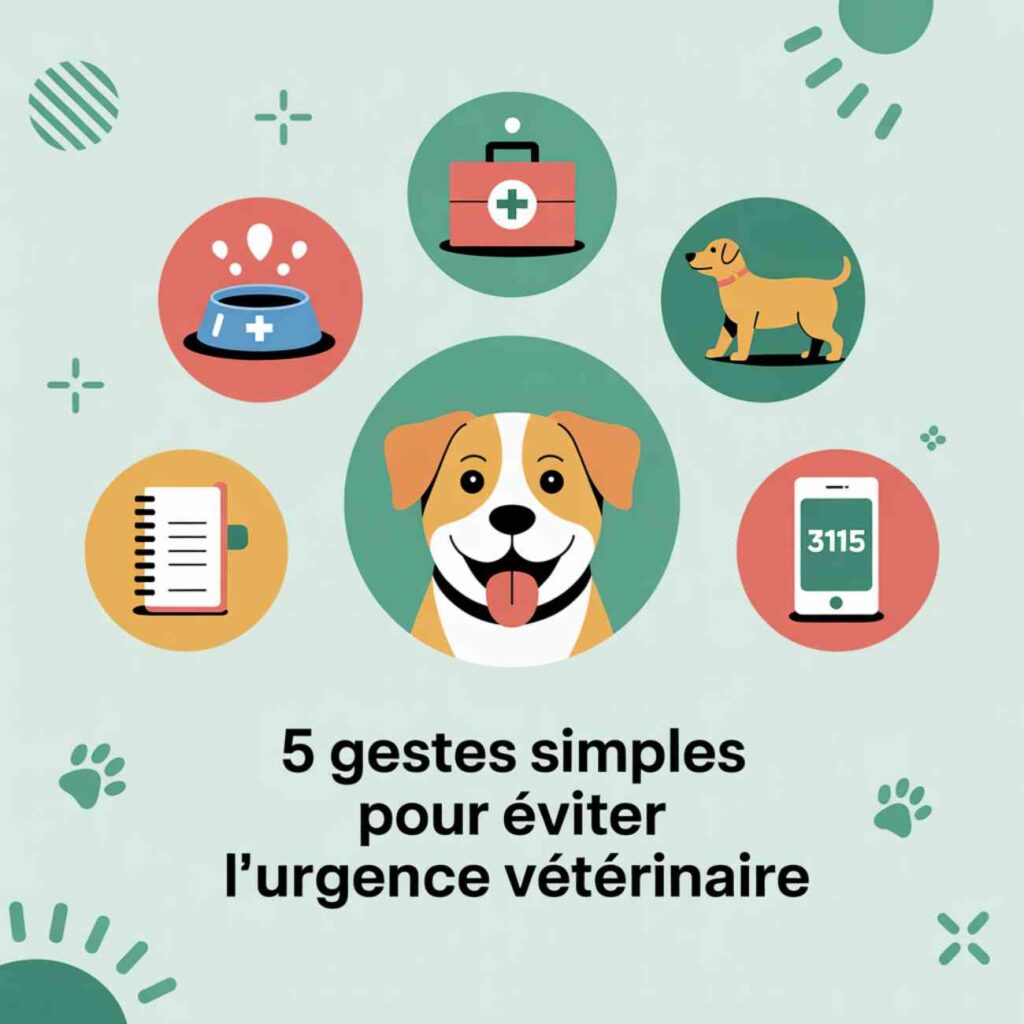 Infographie illustrant 5 gestes simples pour éviter une urgence vétérinaire estivale chez les animaux de compagnie
