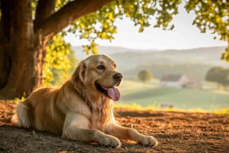 Chien allongé à l’ombre d’un arbre par forte chaleur estivale, langue pendante et regard détendu