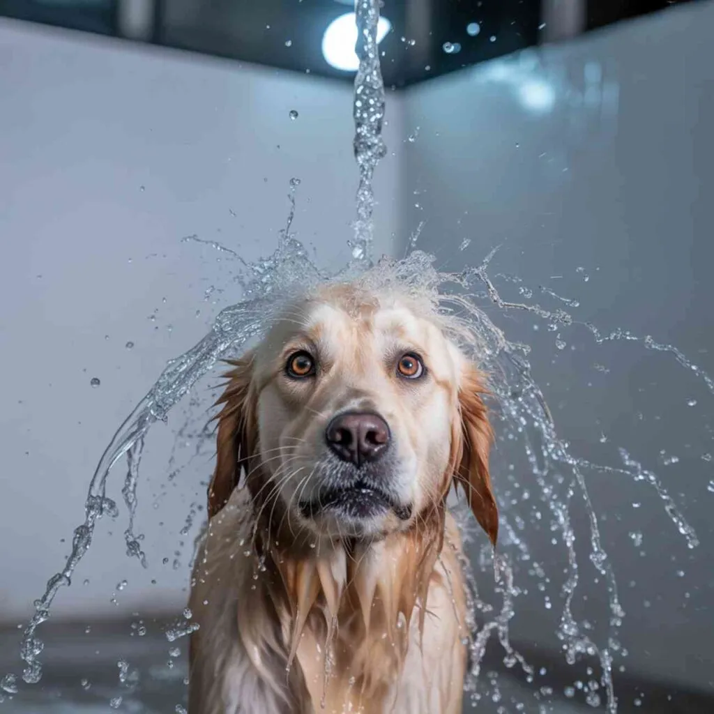 Chien de type Golden Retriever recevant de l’eau sur la tête, avec un regard fixe et inquiet, éclaboussures visibles autour.