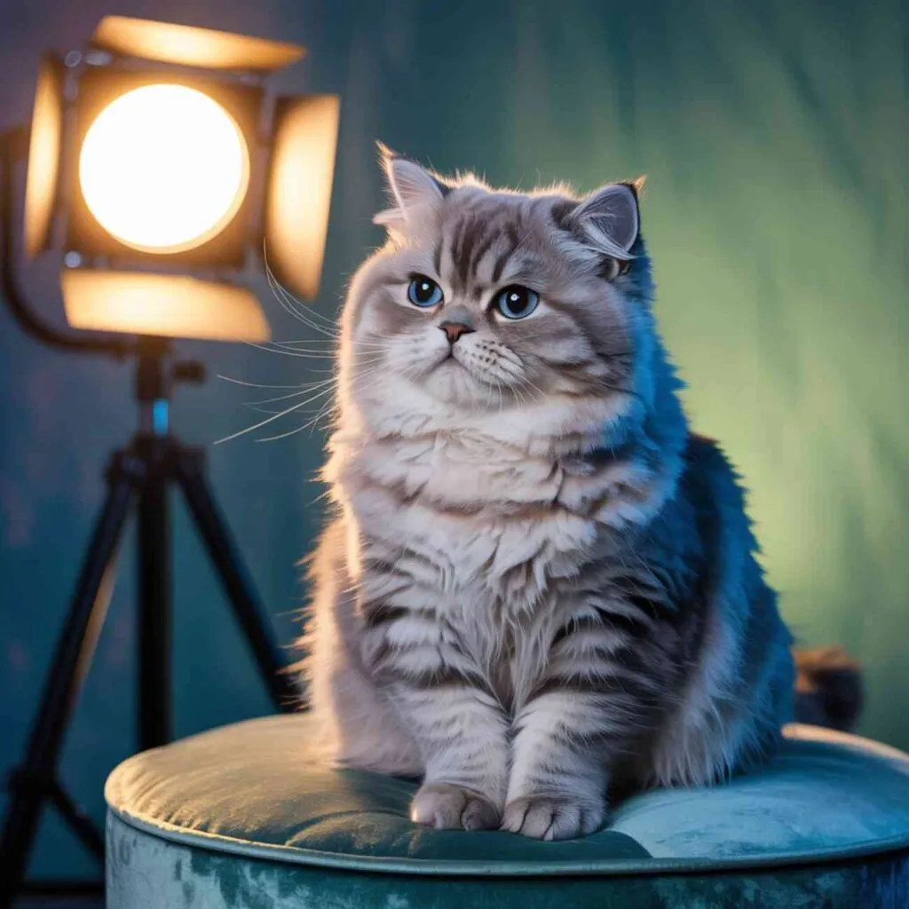 Chat à poil long assis devant un projecteur de studio, mis en scène sur un pouf dans un décor lumineux.
