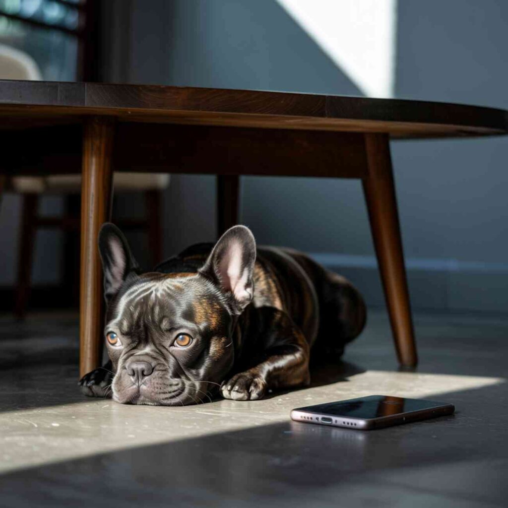 Bouledogue français allongé au sol, le regard triste, caché partiellement sous une table avec un téléphone posé devant lui.