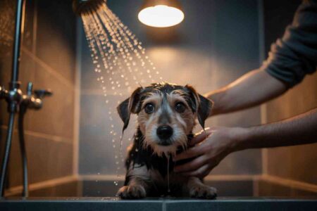 Petit chien mouillé regardant fixement l’objectif sous une douche, en train d’être tenu par une main humaine.