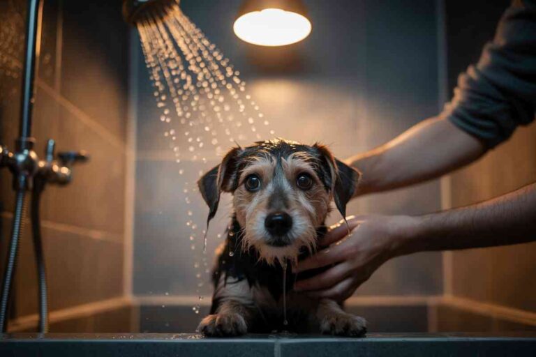 Petit chien mouillé regardant fixement l’objectif sous une douche, en train d’être tenu par une main humaine.