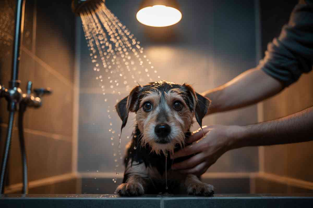 Petit chien mouillé regardant fixement l’objectif sous une douche, en train d’être tenu par une main humaine.