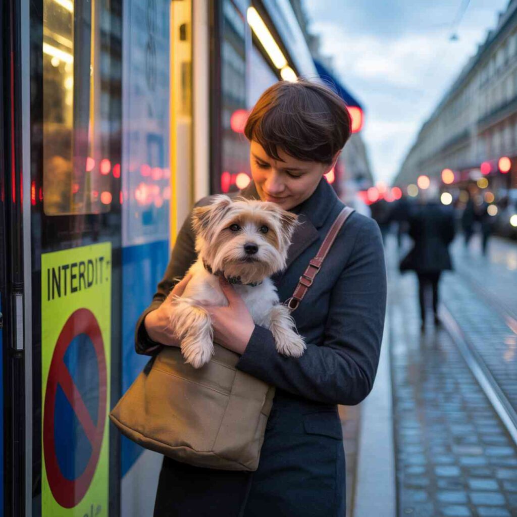 Jeune femme tenant un petit chien dans un sac devant un tramway à Dijon, avec un panneau « Interdit » visible