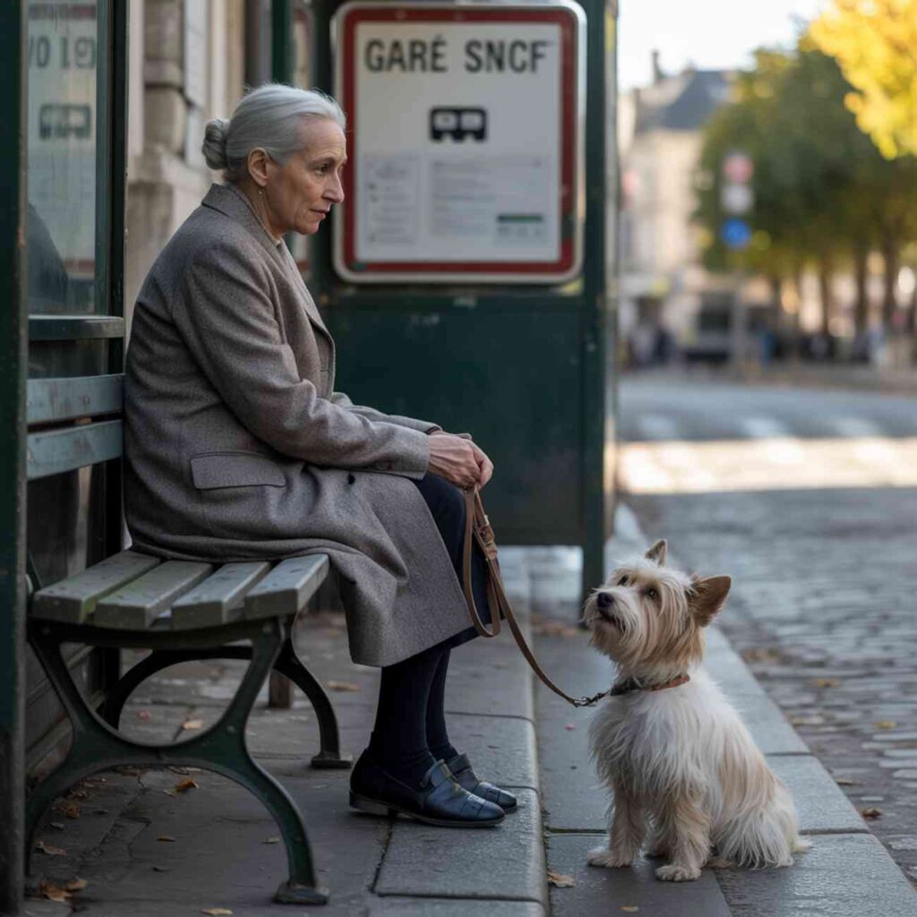 Dame âgée assise sur un banc à un arrêt de bus avec son chien en laisse à ses pieds