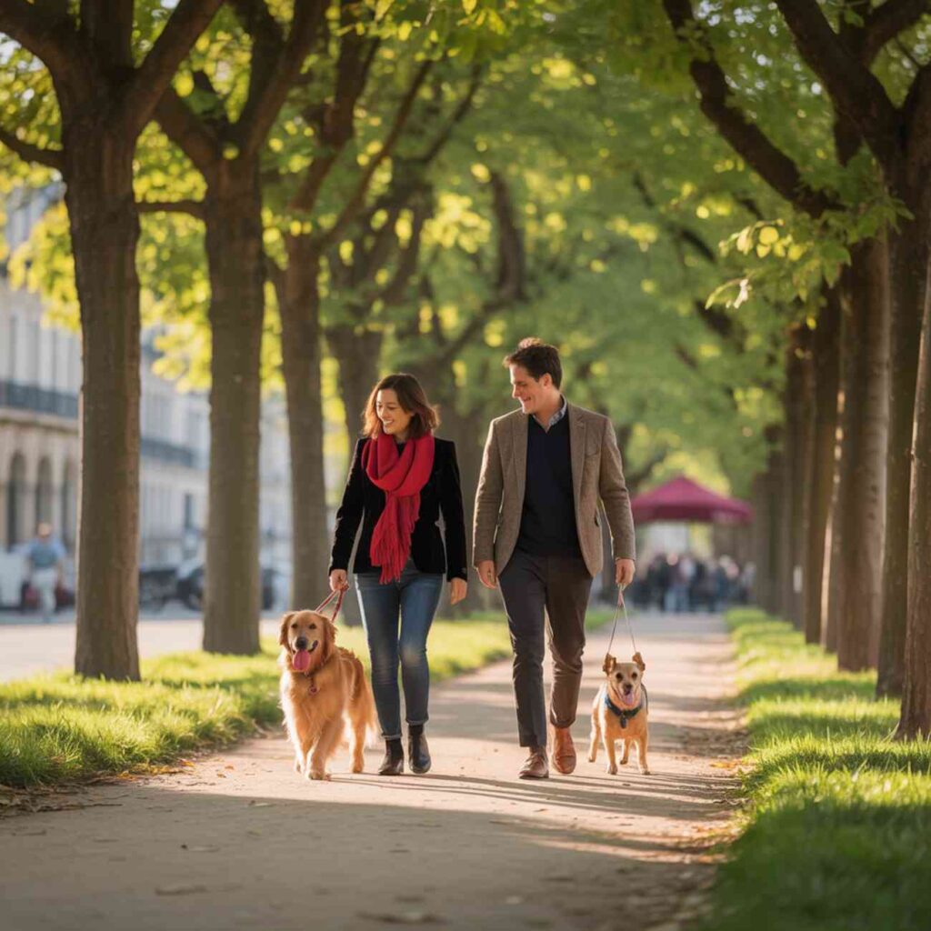 Un couple marche avec deux chiens en laisse sous une allée arborée à Dijon, en pleine lumière naturelle
