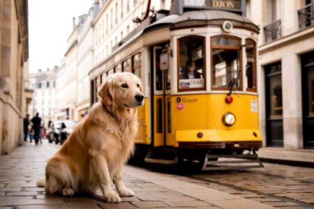 Golden retriever assis sur un trottoir à Dijon avec un tramway en arrière-plan