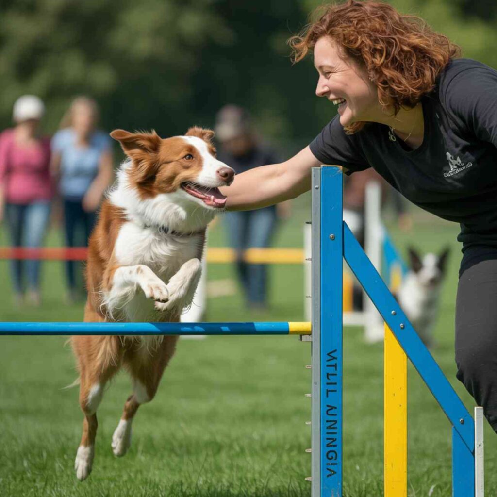Chien effectuant un saut d’agilité dans un parc canin, encouragé par sa maîtresse.
