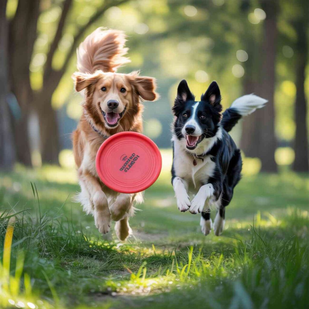 Deux chiens courant avec un frisbee dans un parc canin, en pleine activité de jeu.