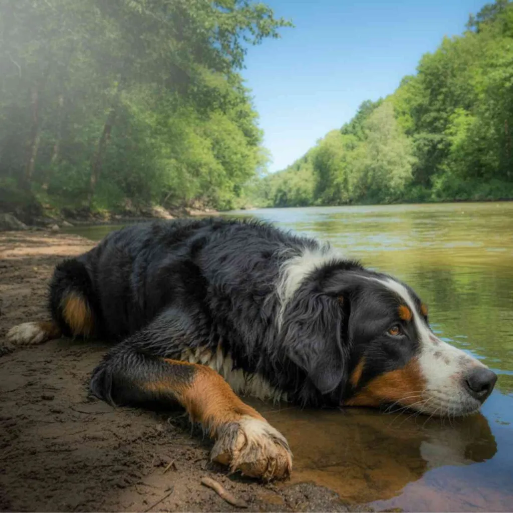 Chien allongé au bord d’une rivière, la tête posée dans l’eau peu profonde, en forêt
