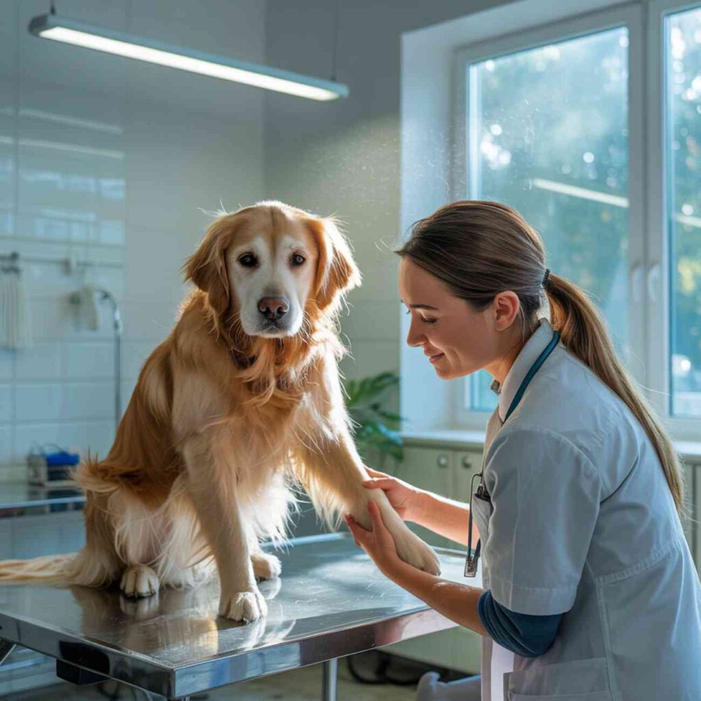 Vétérinaire examinant un golden retriever assis sur une table d’auscultation en clinique