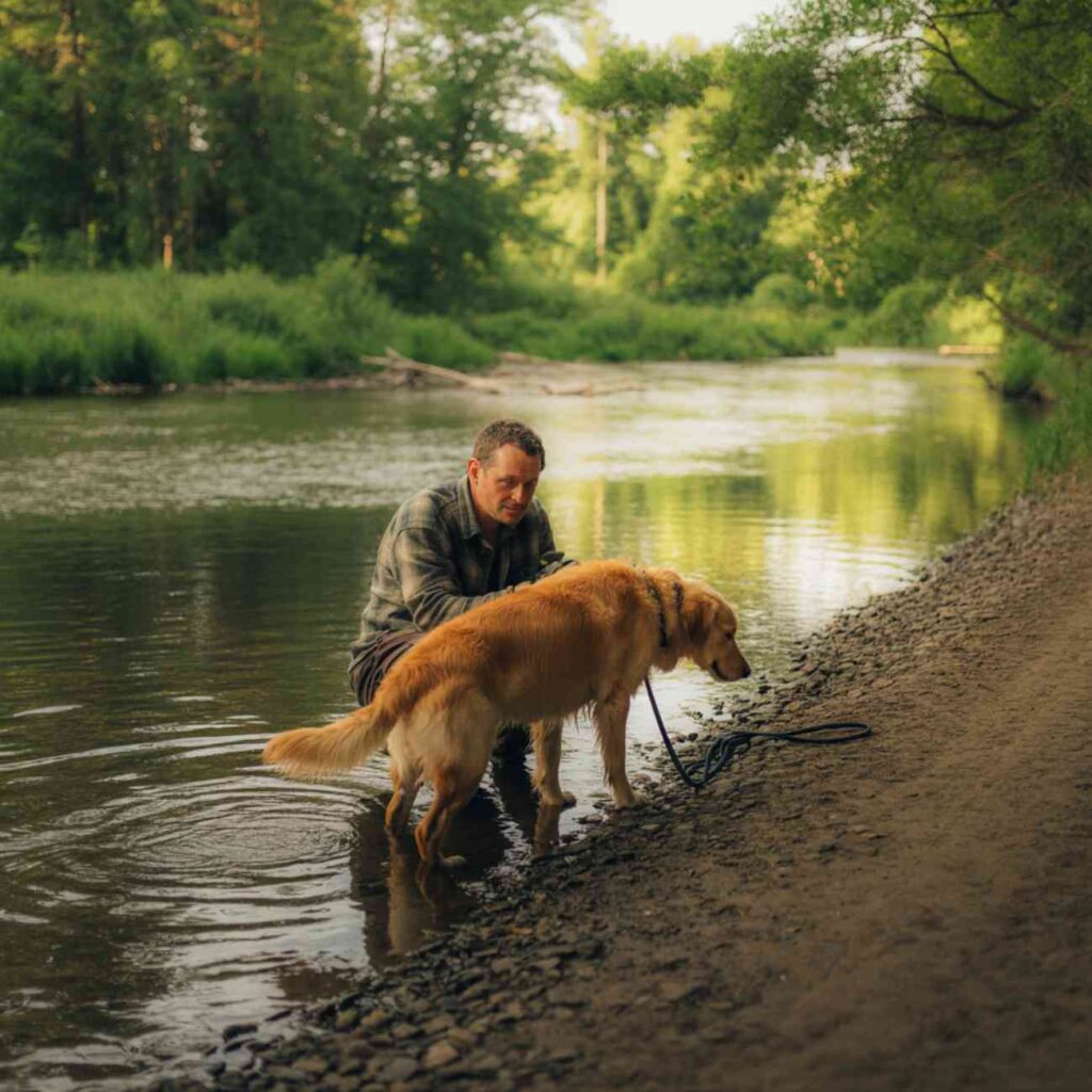Homme en chemise accroupi au bord d’une rivière avec un chien en laisse marchant dans l’eau