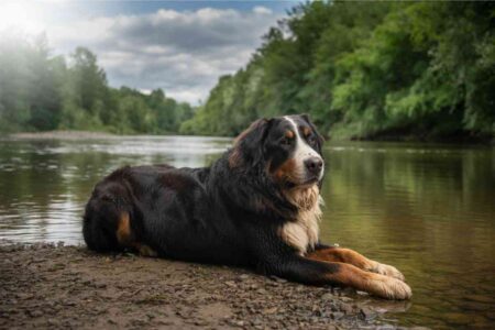 Chien allongé sur une berge, au bord d’une rivière calme entourée d’arbres en été