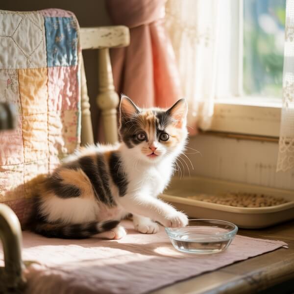 Chaton tricolore installé dans un bac à litière, dans une pièce baignée de lumière naturelle, entouré de tissus colorés.