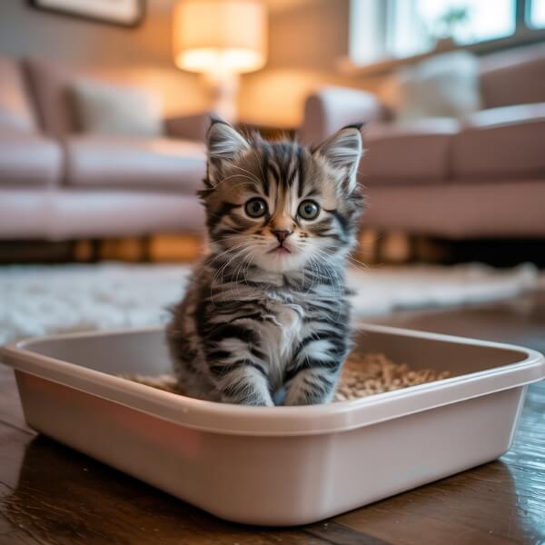 Petit chaton tigré debout dans un bac à litière propre, attentif et en alerte, dans une pièce chaleureuse avec lumière tamisée.