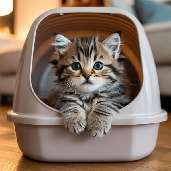 Chaton tigré blotti dans un bac à litière couvert, regardant droit devant lui, dans une posture mêlant prudence et curiosité.