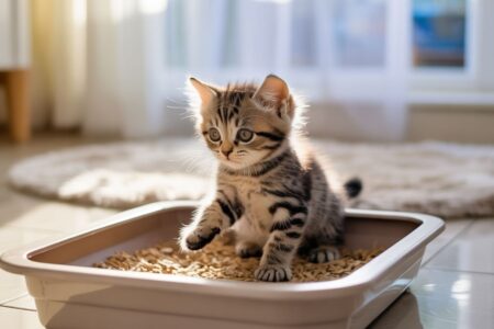 Chaton tigré assis dans un bac à litière propre, observant son environnement avec prudence, dans une pièce lumineuse et rassurante.